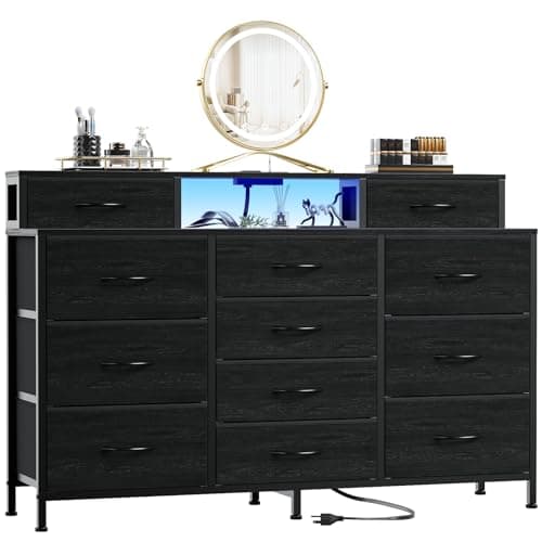 Furnulem 55" W Dresser for Bedroom with LED Lights and Power Outlets,Black Large 12 Storage Drawers Long Fabric Chests Dressers with 2 Shelves for Closet,Living Room,Entryway,Wooden Top,Metal Frame - Image 1