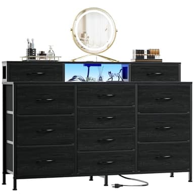 Furnulem 55" W Dresser for Bedroom with LED Lights and Power Outlets,Black Large 12 Storage Drawers Long Fabric Chests Dressers with 2 Shelves for Closet,Living Room,Entryway,Wooden Top,Metal Frame - Image 1