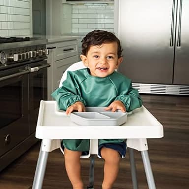 Tiny Twinkle Mess Proof Baby Bibs, 2pk Waterproof Smock Baby Bibs for Eating, Machine Washable Long Sleeve Bibs, Baby Led Weaning, Toddler Bibs, BLW Supplies (Slate Olive, Small 6-24 Months) - Image 2