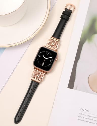 TOYOUTHS Compatible with Apple Watch Bands Women 38/40/41/42mm Dressy Slim Thin Leather Strap with Celtic Knot Interlock Buckle Bracelet for iWatch Series 11 10 9 8 7 6 5 4 SE 3 2 1, Black/Rose Gold - Image 4