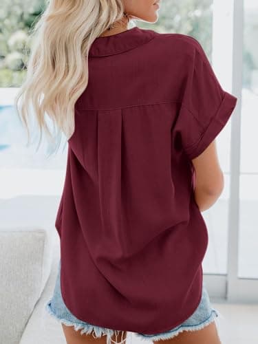 Womens Button Down Casual Shirts Cotton Short Sleeve Blouses Solid Summer Tops with Pocket Red Wine - Image 4