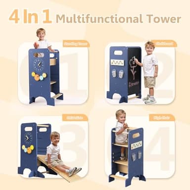 Toddler Tower 4-in-1 Multifunctional Kitchen Step Stool Helper with Removable Safety Board, Adjustable Heights, Slide, Highchair, Chalkboard, Montessori Games-Blue - Image 3