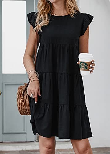 KIRUNDO Womens Dresses Summer Casual Sleeveless Ruffle Sleeve Round Neck Black Loose Short Flowy Pleated Mini Babydoll Dress (Black, Medium) - Image 7
