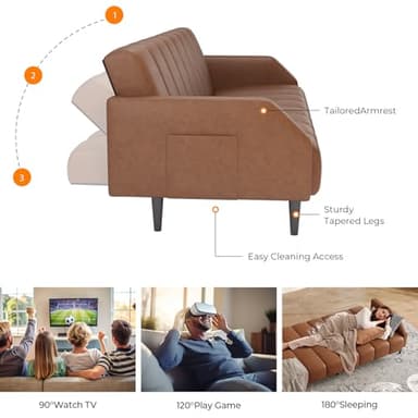 Fadware Faux Leather Couch, Convertible Futon Sofa Bed with Adjustable Backrest, Mid Century Leather Sofa Loveseat with Side Pockets& Metal Leg, Modern Leather Sleeper Sofa for Living Room Bedroom - Image 3