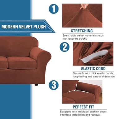 H.VERSAILTEX Rich Velvet Stretch 2 Piece Cover Chair Slipcover Sofa Cover Furniture Protector Couch Soft with Elastic Bottom Chair Couch Cover with Arms, Machine Washable(Chair, Rust) - Image 3