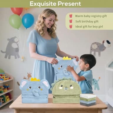 6 PCS Toddler Bath Towel Set for Boy Girl 0-5 Year, 2 PCS Thick Absorbent Hooded Baby Bath Towels Large 55" x 27.5" & 4 PCS Washcloths, Ultra Soft Gift for Infant, Toddler, Kids, Dinosaur & Elephant - Image 7
