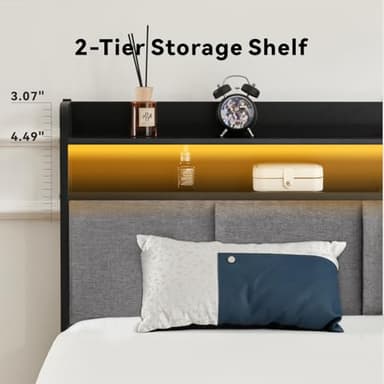 Z-hom Twin Bed Frames, Upholstered Upgraded Metal Bed Frame with LED Lights Headboard & Footboard, Bed Furniture with Charging Station Ports & Storage Shelves, Easy Assembly Bed Frame, Noise Free - Image 2