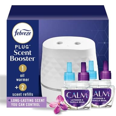 Febreze PLUG Scent Booster Starter Kit, Oil Diffuser, Air Freshener Plug In, Continuous Scent Device + 2 Downy Calm Refills - Image 1