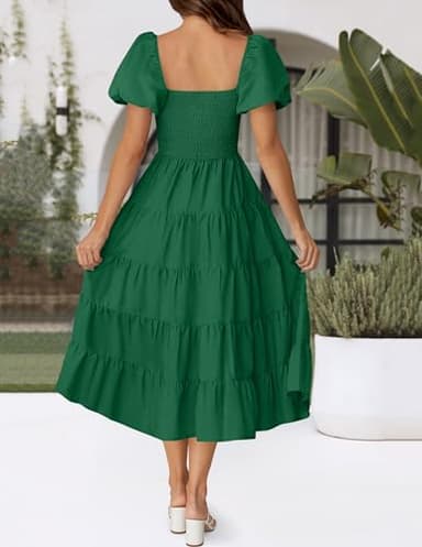 ZESICA Women's 2025 Summer Square Neck Short Puff Sleeve Solid Color High Waist Casual Smocked Flowy A Line Tiered Midi Dress,ForestGreen,X-Large - Image 4