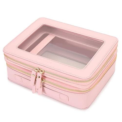 Aveniee XL Clear Makeup Organizer,Double Layer Travel Cosmetic Case with Brush Holder & Zippered Compartments,Big Toiletry Bag for Travel Accessories,2 Layers Large,Pink - Image 1