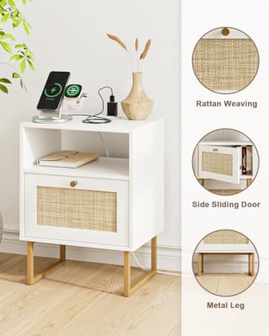 Masupu Rattan Nightstand with Charging Station,Modern Boho Farmhouse Wood Bedside Table with Storage Drawer and Open Shelf,Small Gold Frame Side End Table for Bedroom,Living Room,Office White - Image 5