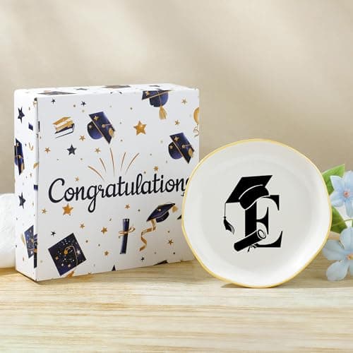 Graduation Gifts for Her, College High Senior Class of 2025 Graduate Gifts for Daughter Granddaughter Niece Women Ceramic Trinket Dish Jewelry Ring Holder Initial E - Image 1