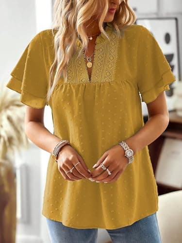 Falechay Plus Size Tops for Women Dressy Casual Short Sleeves Going Out Womens Blouses V Neck Ruffle Sleeve Summer Shirts Tunic Business Cute Swiss Dot Boho Top Bohemian Flowy Shirt Yellow 2XL - Image 5