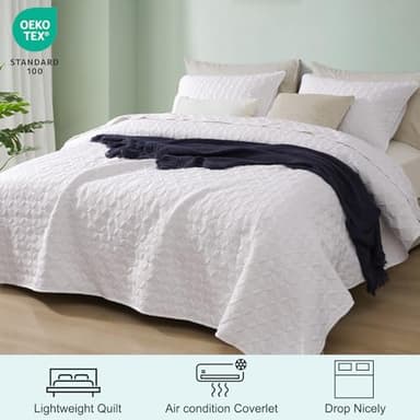 PHF Quilt Bedding Set Queen Size - Lightweight Summer Bedspread, 3PCS Soft Breathable Coin Pattern Bedding Coverlet for All Season, Drop Nicely Quilt 90" x 96"with 2 Pillow Shams, Coconut White - Image 2