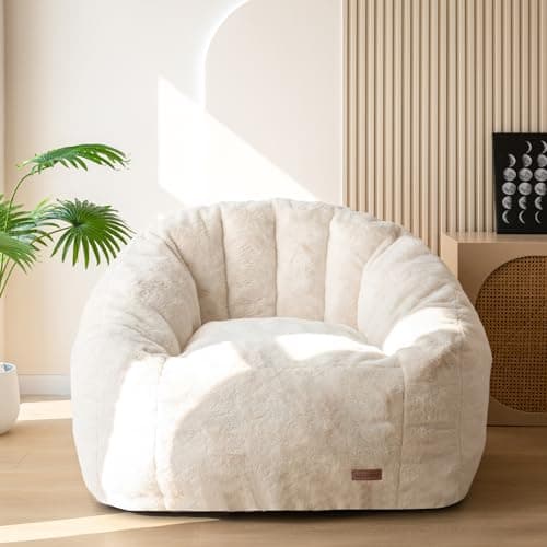 MAXYOYO Giant Bean Bag Chair, Oversized Bean Bag Couch for Adults and Kids, Faux Fur Shell-Shaped Large Chair with Filler, Stuffed Big Accent Sofa Lounge Floor Sofa for Gaming, Reading, Beige - Image 1