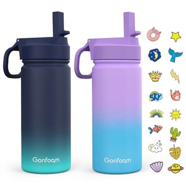 Kids Water Bottle, 2-Pack 16oz Water Bottles with Stickers and Straw, Stainless Steel Vacuum Insulated cup, Kids Water Bottle for School, Gifts for Boys and Girls(Blue/Purple) - Image 1