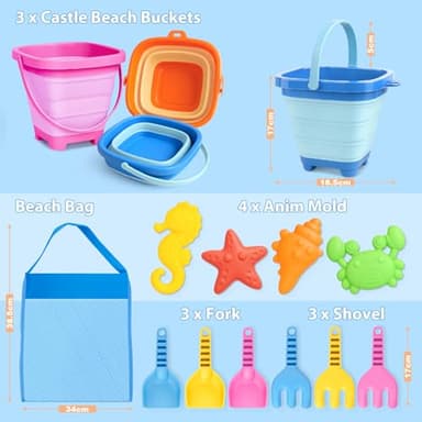 Dreamon Beach Toys for Kids 3-10, Collapsible Sand Castle Toys for Beach Include 3 Pack Foldable Buckets, Shovels Molds and Storage Mesh Bag, Sandbox Travel Toy for Toddlers Kids - Image 2