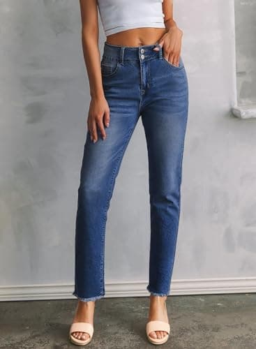 Sidefeel Women's Petite Jeans High Waisted Wide Leg Jeans Strechy Straight Leg Zimbaplatinum Denim Pants Size 14 Bluing - Image 5