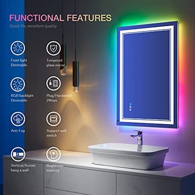 ISTRIPMF 24x36 inch RGB LED Bathroom Mirror with Lights, Colorful Changing Lighted Mirror, Shatterproof Dimmable Anti-Fog LED Vanity Mirror for Bathroom (RGB Backlit + Front-Lit) - Image 2