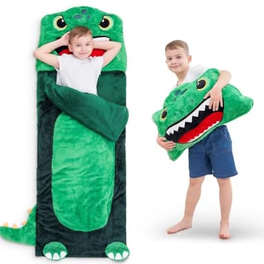 iPlay, iLearn Kids Dinosaur Sleeping Bag, Toddler Boy Dino Nap Mat, Plush Animal Slumber Bag 2 In 1 Pillow Daycare Preschool Kindergarten Birthday Gift Travel Sleepover 3 4 5 6 7 8 10 12 Yr Child Teen - Image 1