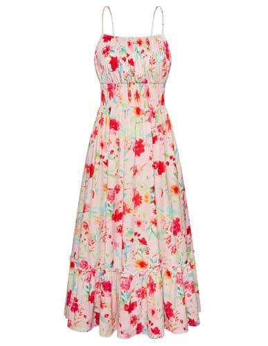 GRACE KARIN Women's 2025 Summer Casual Boho Sundress Flower Spaghetti Strap Square Neck Flowy Maxi Dresses with Pockets Red White Floral XXL - Image 1