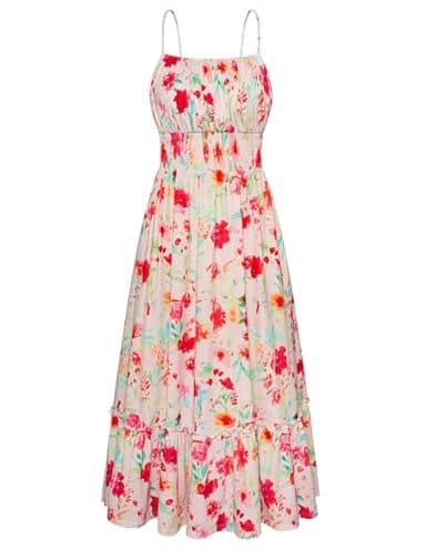GRACE KARIN Women's 2025 Summer Casual Boho Sundress Flower Spaghetti Strap Square Neck Flowy Maxi Dresses with Pockets Red White Floral XXL - Image 1
