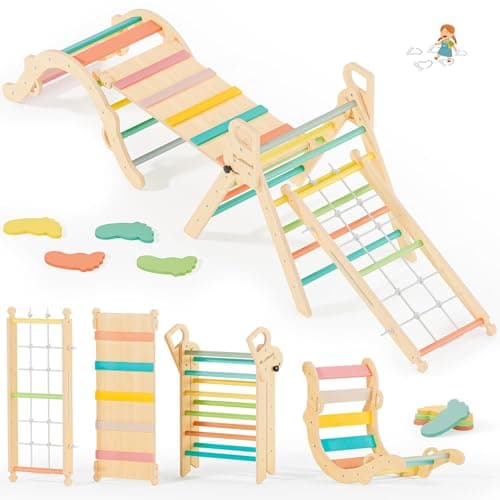 BlueWood 10-in-1 Pikler Triangle Set, Toddler Climbing Toys Indoor, Montessori Climber, Baby Jungle Gyms with Arch, Extra Rope Ladder & Footprint Balance Beam - Rose Garden - Image 1