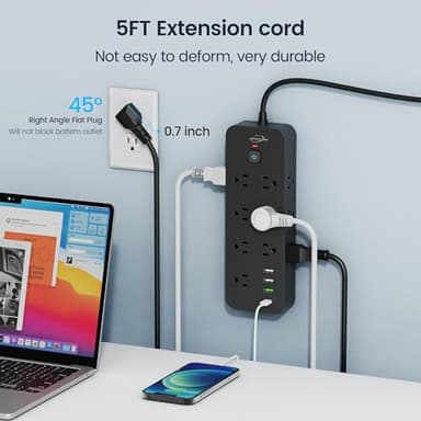 Surge Protector Power Strip with USB Ports, 14 AC Outlets with 4 USB Ports (1 USB C), 5 Feet Cord with Multiple outlets, 1875W/15A, One Touch Switch Button, Wall Mountable for Home, Office-Black - Image 6