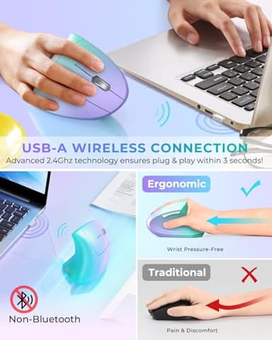 Lekvey Ergonomic Mouse, Vertical Wireless Mouse, Rechargeable 2.4G Optical Carpal Tunnel Mice: 800/1200 / 1600 DPI, 6 Buttons, for Laptop, PC, Mac, Computer, Desktop, Notebook etc, Green Purple - Image 3