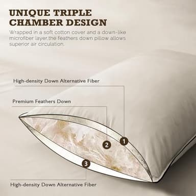 BPC Goose Feather Down Pillows Queen Size, with 100% Organic Cotton Cover - Luxury 3-Chamber Design for Medium Firm Support & Cloud-Like Comfort, Set of 2 Bed Pillows for Sleeping, 20x30 Inches - Image 4