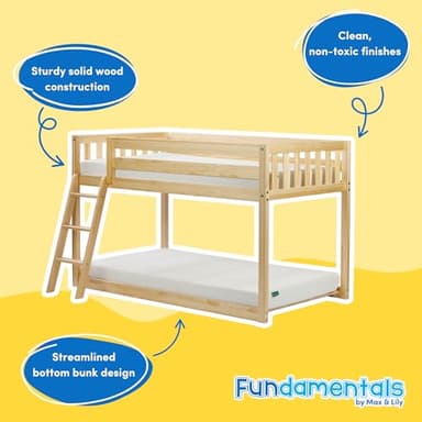Max & Lily Fundamental Twin Low Bunk Bed, Kids Solid Wood Modern Bed Frame with Strong Wooden Slats, Non-Toxic Finishes, High Weight Capacity, Natural - Image 3