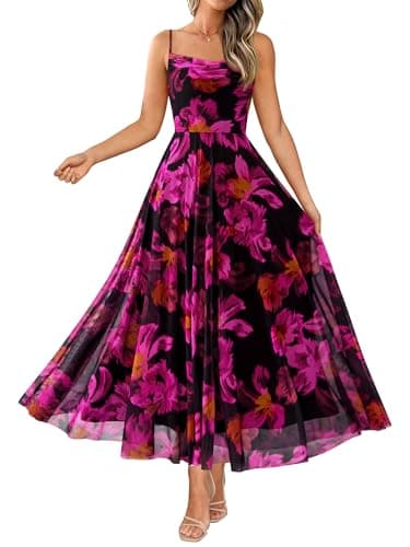 BTFBM Women Summer Floral Maxi Dresses Elegant Spaghetti Strap Dress Printed Party Dress Beach Long Dresses(Floral Black Rose Red,X-Large) - Image 1