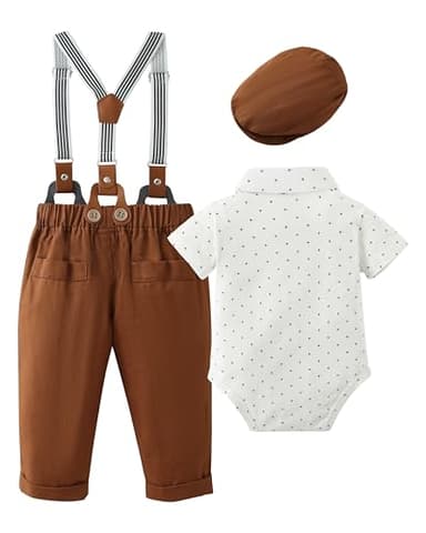 ZOEREA Baby Boy Suit Gentleman Outfit Clothes Infant Tuxedo Short Sleeve Dress Shirt+Suspender Pants+Bowtie+Hat 0-18M - Image 3