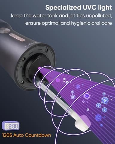 MySmile LP221 UVC Sterilizable Cordless Water Flossers for Teeth 335ML Portable OLED Display Dental Flosser with 4 Modes 8 Jet Tips and a Storage Pouch for Home and Travel (Midnight Black) - Image 6
