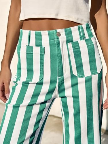 Tankaneo Womens Cropped Striped Jeans Casual High Waisted Stretchy Straight Leg Denim Pants with Pockets Green - Image 4