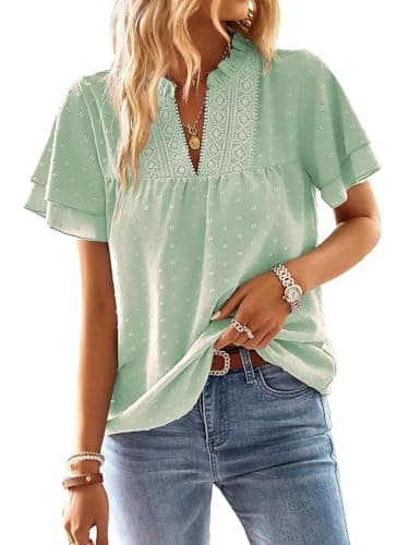 Falechay Womens Summer Tops Ruffle Sleeve V Neck Blouses for Women Dressy Casual Flowy Business Short Sleeve Shirts Light Green L - Image 1
