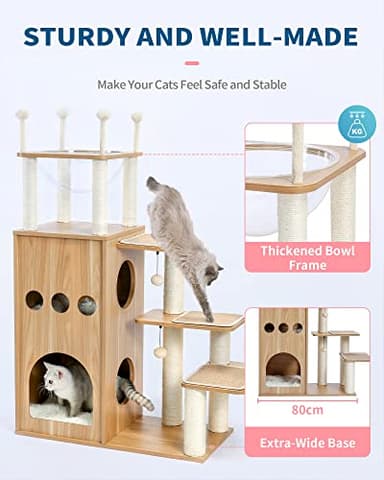 Made4Pets Modern Cat Tree for Large Cat, Wood Cat Tower Heavy Duty with Scratch Post for Indoor Big Cats, 51" Extra Tall Cat Condo Sturdy Frisco Castle with Clear Bowl for Kittens Maine Coon 20Lbs - Image 3