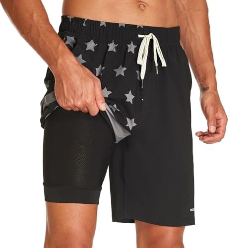 HODOSPORTS Mens Swim Trunks with Compression Liner 9 Inch Quick Dry Swim Shorts with Pockets Swim Suit - Image 1