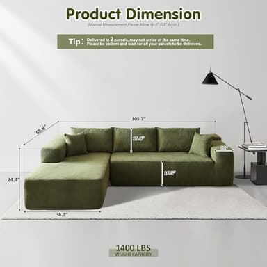 ovios 104" Cloud Sectional Couch with L-Shape Chaise,Modern Modular Sofa with Deep Seat, Upholstered Couches for Living Room Bedroom,No Assembly Required, Green (Cloud Velvet) - Image 2