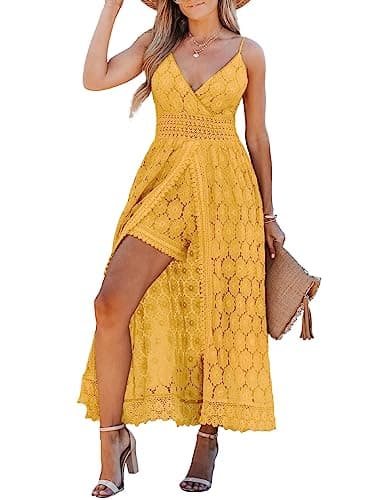 CUPSHE Summer Women Slip Ruching Smocking Jumpsuit Dress V Neck Speghetti Straps Backless Maxi High Low Yellow, L - Image 1