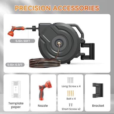 NEOTEC Retractable Garden Hose Reel 5/8 inch x 90ft - Wall Mounted Heavy Duty Hose Reel with 3/4 Inch Brass Fittings & 9-Pattern Nozzle - Auto Rewind System, Any Length Lock, 180° Swivel Bracket - Image 7