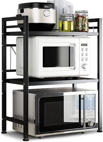 DOLALIKE Microwave Oven Rack, Expandable Microwave Stand Countertop Kitchen Utensils Tableware Storage, Carbon Steel Over Microwave Shelf Countertop with 3 Hooks - Image 1