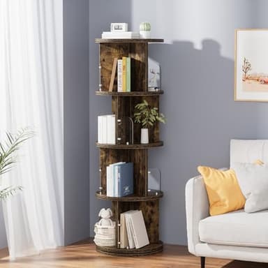 VECELO Rotating Bookshelf Tower, 360°Revolving Bookcase, Modern Tall Book Shelf Storage Display Rack Floor Standing, 4 Tier Storage Rack for Kids&Adults Solid Wood, Brown - Image 5
