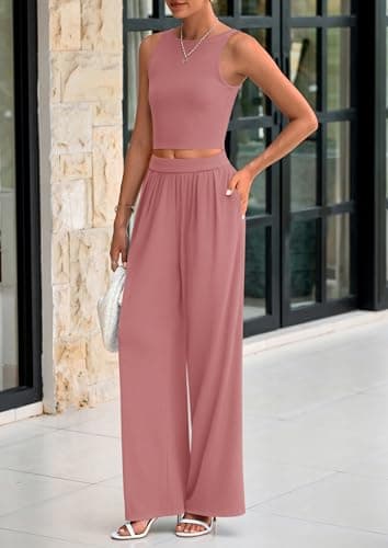 PRETTYGARDEN Spring Two Piece Sets For Women 2025 Ribbed Knit Crew Neck Sleeveless Tank Tops Wide Leg Pants Casual Lounge Set (Dusty Pink,Large) - Image 4