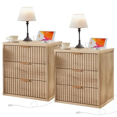 LEYAOYAO 23" Wide Fluted Farmhouse Night Stand Set of 2 with Charging Station, 3 Drawers Large End Table w/Metal Handle, Natural Nightstand Bedside Table,Wood Dresser for Bedroom, Closet - Image 1