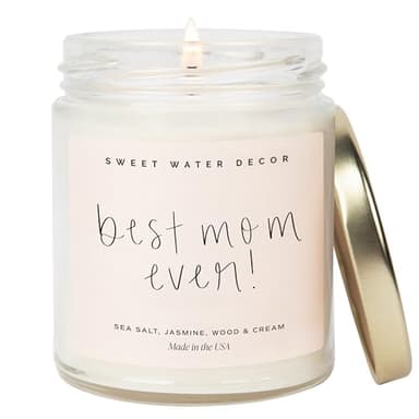 Sweet Water Decor, Best Mom Ever Candle - Sea Salt, Jasmine, Cream, and Wood Scented Soy Wax Candle for Mom - 9oz Clear Jar, 40 Hour Burn Time, Made in The USA - Image 1