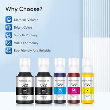 522 Ink Refill Bottles High Capacity (5 Bottles) Replacement for 522 Ink Compatible with ET-2400 ET-2720 ET-2800 ET-2803 ET-2840 ET-4700 ET-4800 ET-4810 Printer (Not Sublimation Ink) - Image 2