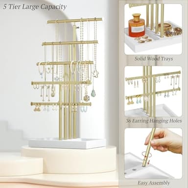Love-KANKEI Jewelry Organizer Stand,5 Tier Large Necklace Holder with Wood Base,Jewelry holder stand Tree for Display,Bracelets Earrings Rings,Height Adjustable Gift White and Gold - Image 6
