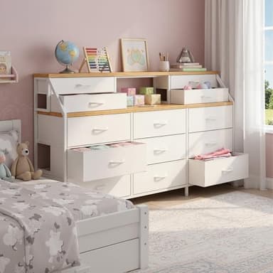 Romorgniz 55" W White Dresser for Bedroom with Deep Fabric Drawers, Long Chests of Drawers with 2 Open Wooden Shelves, Large Vanity Dressers for Entryway, Dorm, Sturdy Metal Frame, Wooden Top - Image 6