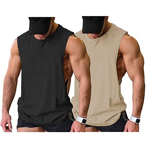 COOFANDY Mens Gym Tanktop Athletic Workout Muscle Bodybuilding T Shirt Black/Light Khaki(2pcs) X-Large Sleeveless - Image 1